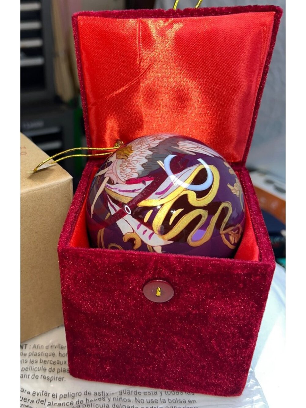 Hand-Painted Glass Angel Christmas Ornament Velvet Gift Box Purple & Gold Design